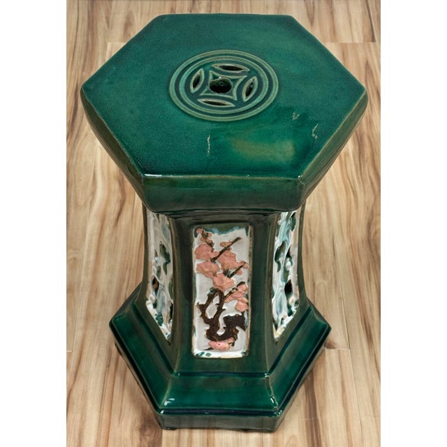 Chinoiserie Vintage Majolica Style Green Glazed Garden Stool For Sale - Image 3 of 9