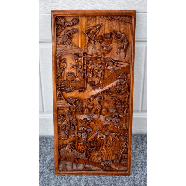 Brown Antique Chinese Hand Carved Wood Relief Wall Panel Plaque Figural Rural Life For Sale - Image 8 of 13