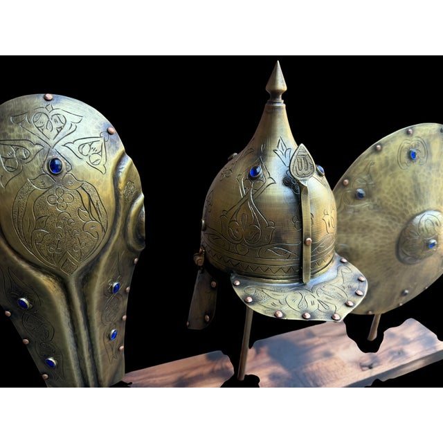 Hand Engraved Turkish Brass Armor Display Set For Sale - Image 10 of 11