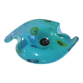 Vintage Aqua Murano Attributed Handblown Glass Catchall With Millefiori - Attributed to Fratelli Toso For Sale
