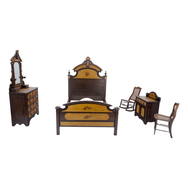 Victorian Painted Bedroom Dresser Mirror King Bed Headboard Rocking Chair Set For Sale