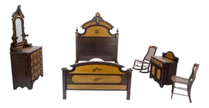 Victorian Painted Bedroom Dresser Mirror King Bed Headboard Rocking Chair Set
