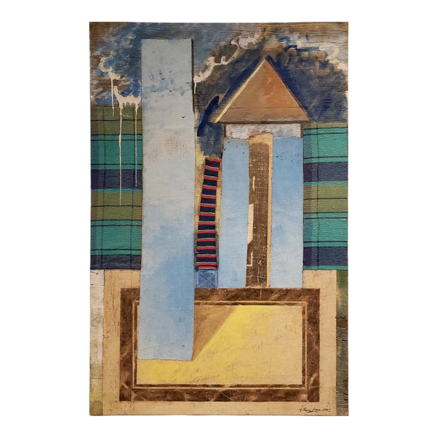 Postmodern Minimalist Painting of House by Jacques Lamy With Tartan Fabric For Sale