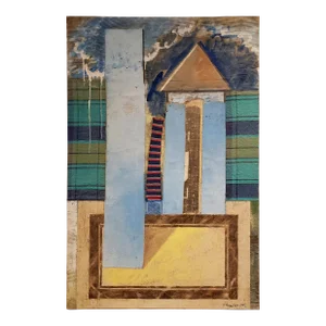 Postmodern Minimalist Painting of House by Jacques Lamy With Tartan Fabric