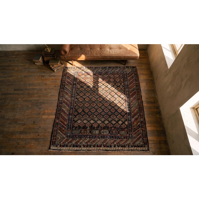 1900s Black Geometric Tribal Antique Caucasian Shirvan Rug 3'7" X 4'9" Handknotted Wool Carpet For Sale In New York - Image 6 of 7