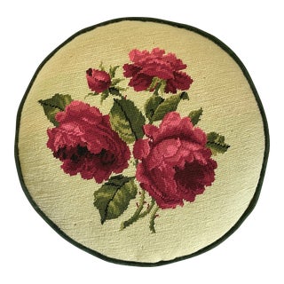 Round Rose Needlepoint and Emerald Velvet Cushion Pillow For Sale