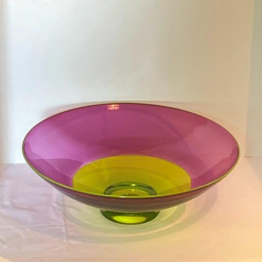 Purple Nicholas Kekic Signed 15-Inch Two-Color Incalmo Bowl (Hyacinth and Lime With Clear Base) Large Centerpiece Bowl For Sale - Image 8 of 16