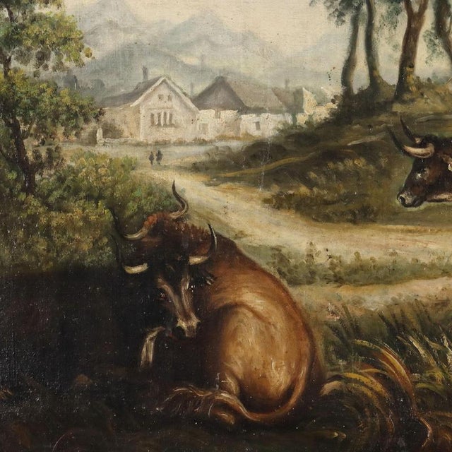Central European School Artist, Bucolic Landscape with Figures and Animals, 19th Century, Oil Painting on Canvas, Framed For Sale - Image 6 of 12