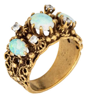 1960s Opal Diamond Band Ornate Vintage 14k Yellow Gold Ring Sz 4.5 Estate Jewelry