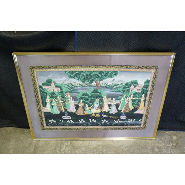 Monumental Indian Pichhwai Radha Krishna Gopis Painting Silk Garden Peacock 68" For Sale - Image 4 of 13
