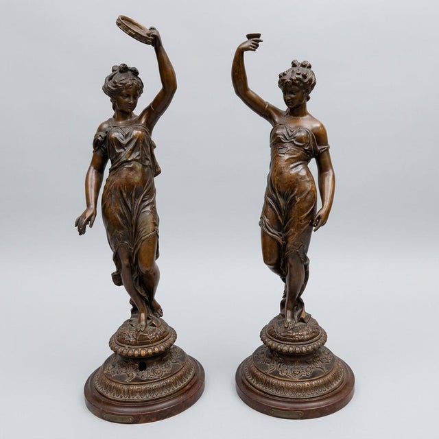 Large 20th Century Belle Époque French Female Figurines in Bronzed Metal, Set of 2 For Sale - Image 3 of 14