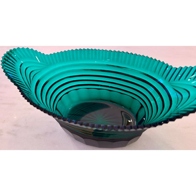 French Art Deco Teal Cut Glass Centerpiece Bowl, Circa 1920's For Sale - Image 16 of 16
