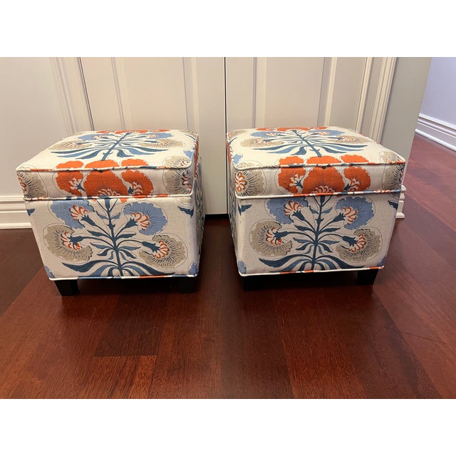 Transitional Custom Made Pair of Cube Ottomans in Thibaut Fabric For Sale - Image 3 of 7
