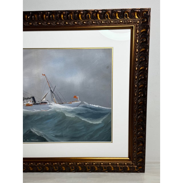 Wood s.s. Shelley Steam Sail Ship in Heavy Seas — Attributed to Lucas Papaluca Early 20th Century Neapolitan Marine Painting | Gouache on Paper | Framed For Sale - Image 7 of 18