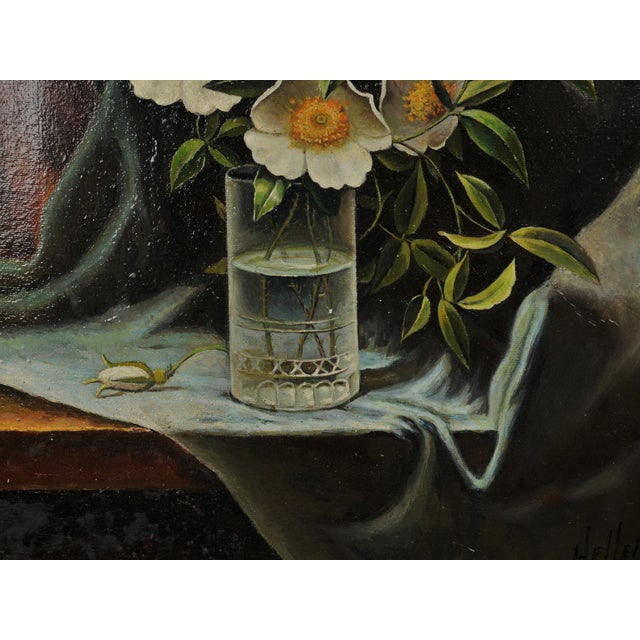 Antique Oil Painting Signed Artist's Study of Cherokee Roses in a Glass For Sale In Rochester - Image 6 of 18