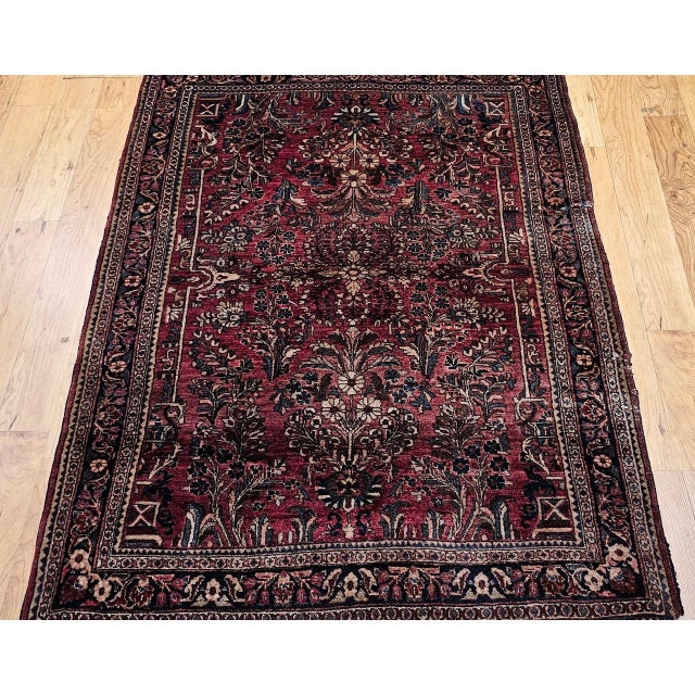 1900 - 1909 Antique Persian Sarouk Area Rug, Hand-Knotted Wool, Allover Floral Pattern, 3x5, Red & Navy For Sale - Image 5 of 16