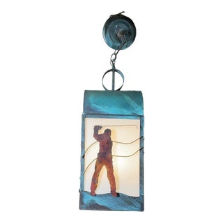 Handcrafted Solid Copper Hanging Lantern With Unique Golfer Silhouette 20”x8”x8” For Sale