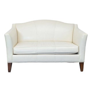 Ethan Allen Cream Leather Loveseat With Wood Legs For Sale