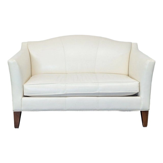 Ethan Allen Cream Leather Loveseat With Wood Legs For Sale