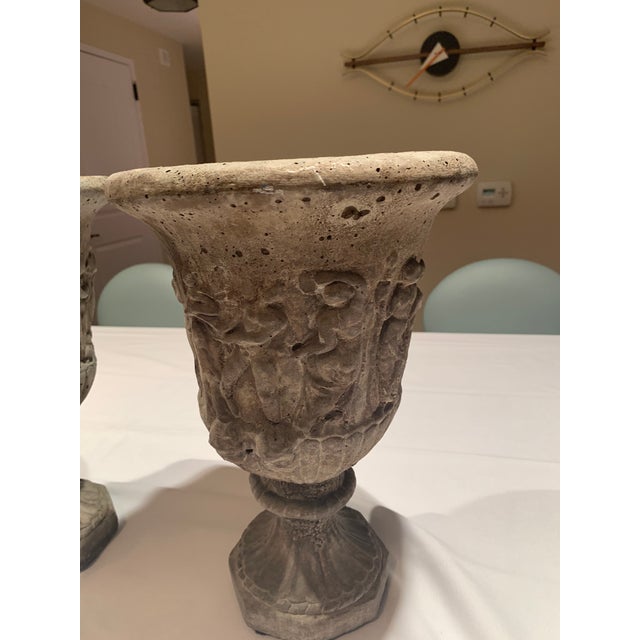 Greige Antique Cast Stone Garden Urns - a Pair For Sale - Image 8 of 13