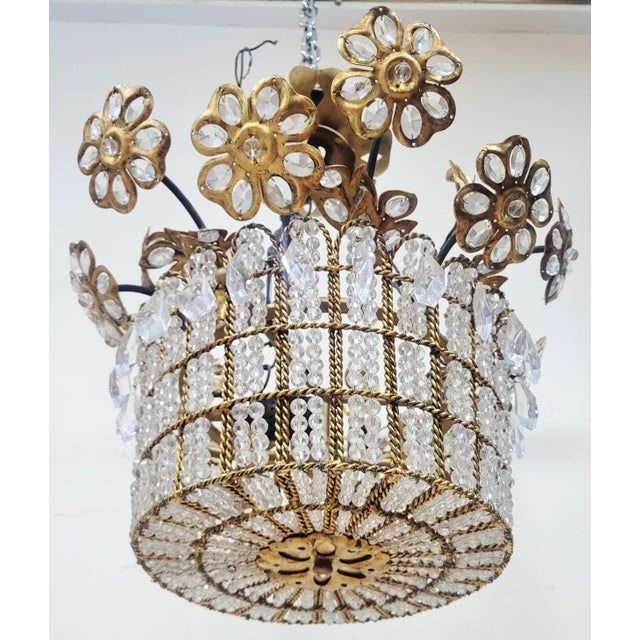 Mid-Century Modern Vintage French Designer Mid-Century Modern Crystal & Bronze Flower Basket Chandelier For Sale - Image 3 of 13