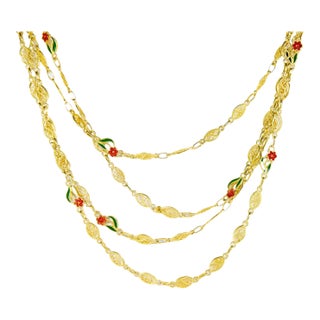 French Antique Enamel Flower 18k Gold Fancy Link 78 Inch Necklace For Sale