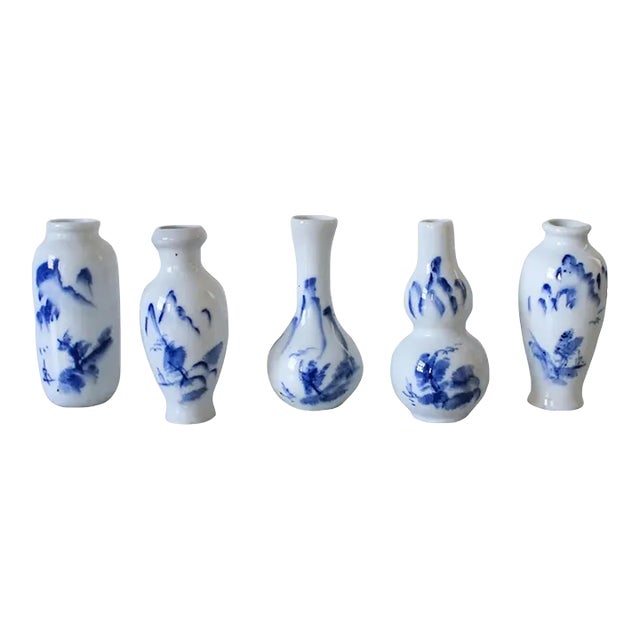 Vintage Chinese Blue & White Porcelain Bud Vases S/5 For Sale