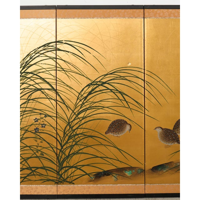 Japanese Showa Four Panel Screen Quail Amid Autumn Grasses For Sale - Image 4 of 18