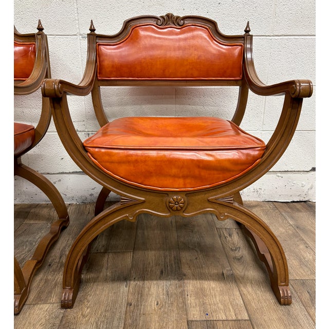 Late 20th Century Vintage Hibriten Victorian Style Carved Walnut Savonarola Parlor Armchairs For Sale - Image 5 of 12