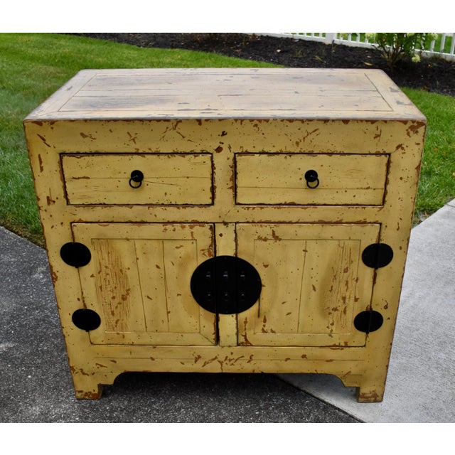 Chinese Chinese Wood Painted Cabinet Ming Style Distressed Yellow For Sale - Image 3 of 16