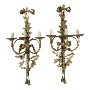 French Louis XVI Style Brass Wall Sconce Set of Two