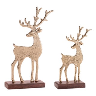 Metal Deer Figurines on Wood Base (Set of 2) For Sale
