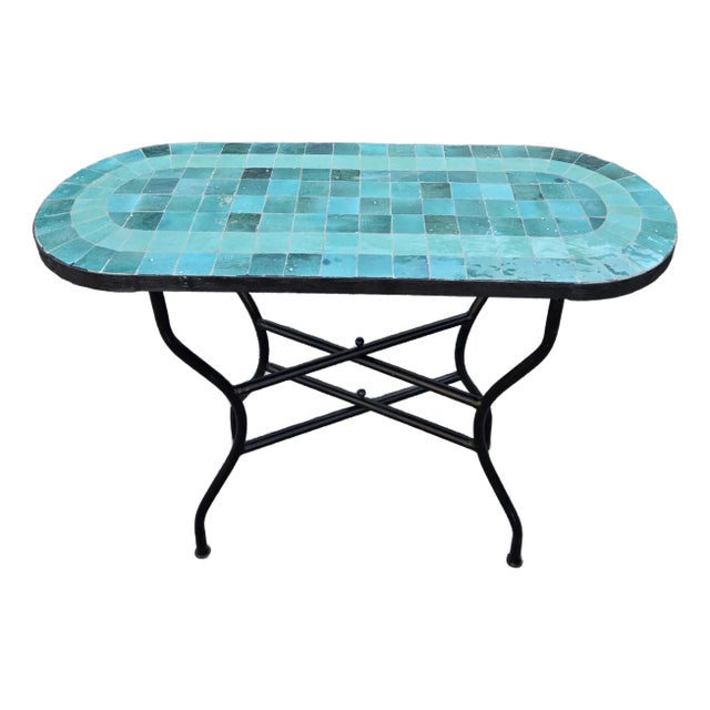 Moroccan Oval Shape Emerald Moroccan Mosaic Console Table For Sale