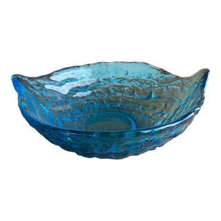 Blue Art Glass Centerpiece Bowl Textured Murano Style For Sale