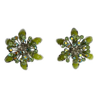 Vintage Green Enamel and Aurora Borealis Rhinestone Earrings For Sale