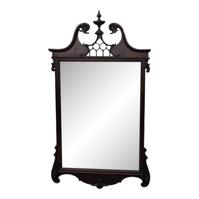 Antique 1920s Chippendale Carved Mahogany Wall Mirror Pediment Crest Mirror For Sale