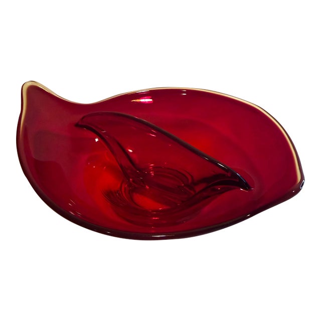Mid 20th Century Mid-Century Modern Art Glass Ruby Red Leaf Divided Relish Dish For Sale