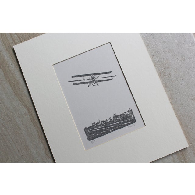 Gray Vintage Airplane Original Woodblock Print by Michelle Farro For Sale - Image 8 of 11