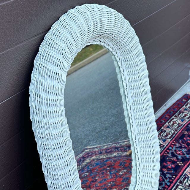 White Vintage Petite White Painted Woven Wicker Rattan Framed Oval Mirror For Sale - Image 8 of 11