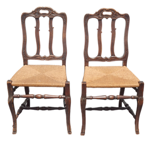 Pair of Antique French Provincial Style Ornate Carved Rush Seat Side Chairs