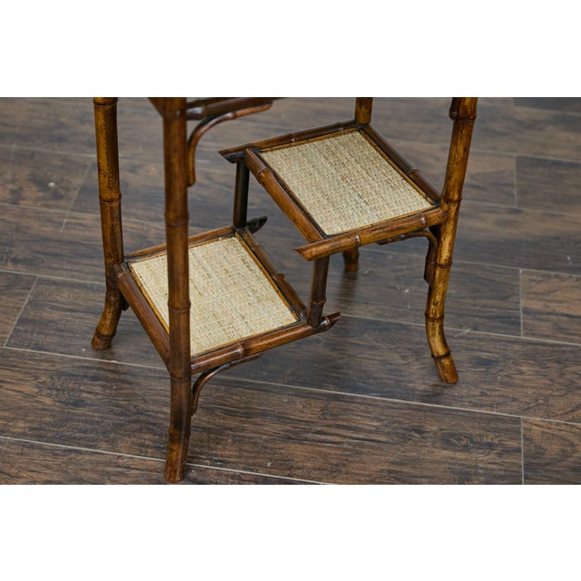 English 1920s Bamboo and Woven Rattan Side Table with Sectioned Shelves For Sale - Image 4 of 12