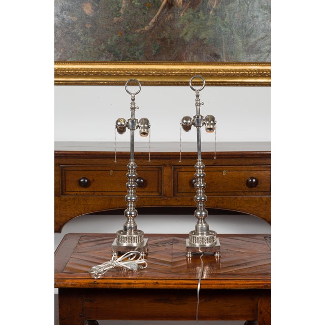 Metal 1940s English Two-Light Silverplate Bobbin Lamps with Pierced Galleries - Pair For Sale - Image 7 of 9