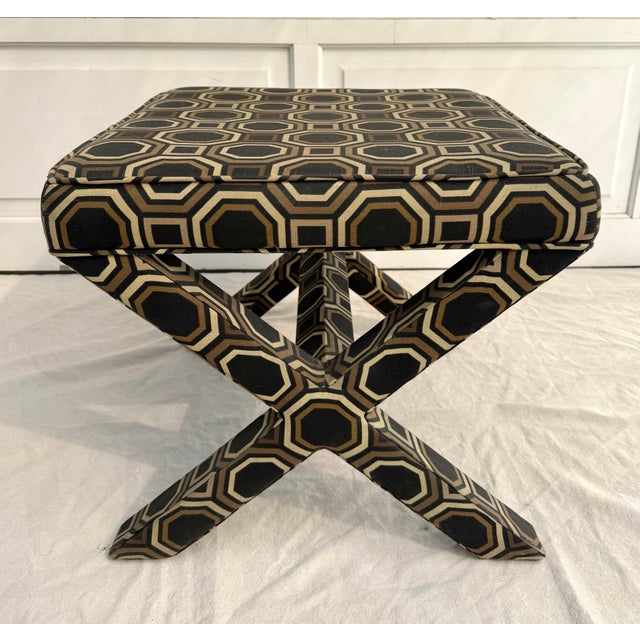 Late 20th C. Hollywood Regency X-Bench Stool With Geometric Upholstery For Sale - Image 12 of 12