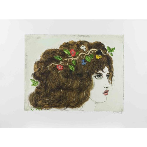 Bruno Caruso, Portrait with Flowers, Etching by Bruno Caruso, 1980s, Etching For Sale
