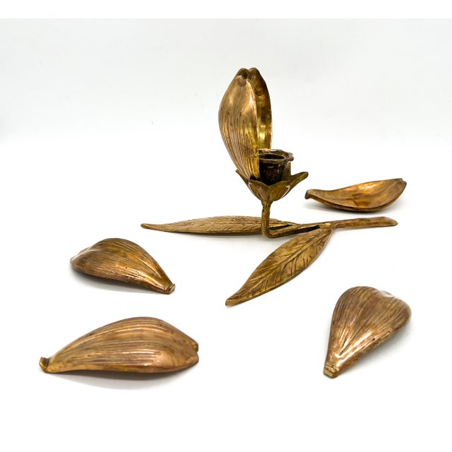 Dolbi Cashier Vintage Brass Flower Candleholder With 6 Removable Petal Ashtrays – Hollywood Regency / Mid-Century Modern For Sale - Image 4 of 13