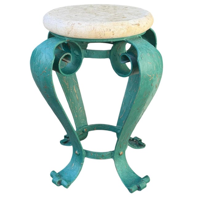 Postmodern Vintage Hand-Painted Iron Side Table With Travertine Top For Sale - Image 3 of 12