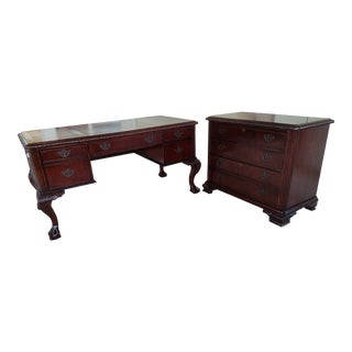 1990s Hooker "Seven Seas" Carved Mahogany Chippendale Style Writing Desk With File Cabinet - Set of 2 For Sale