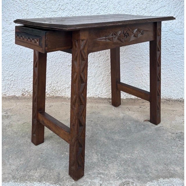 Late 19th Century Side Table Handmade Carved Oak Wood For Sale - Image 4 of 6