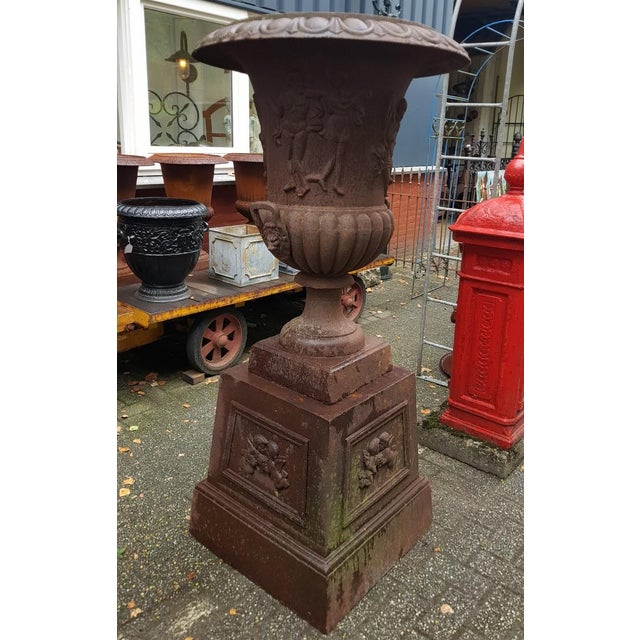 Baroque Cast Iron Vase with Angels on Column For Sale - Image 3 of 9