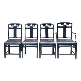 Early 20th Century Black Lacquer Chinese Influence Charcoal Leather Dining Chairs- Set of 4 For Sale